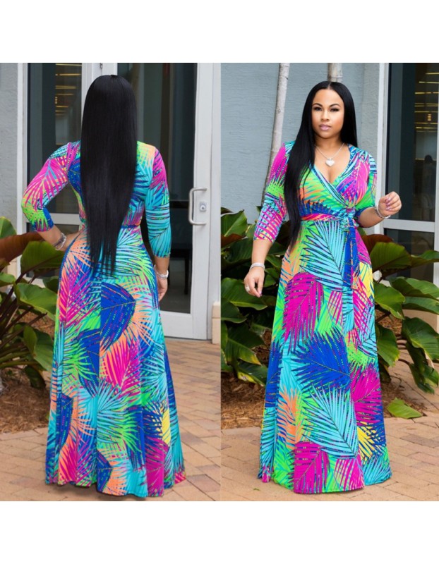 Summer Sexy V Neck Green Palm Leaf Print Holiday Maxi Dress m8408