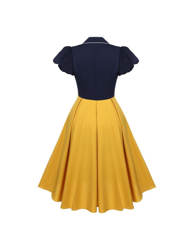 Contrast Color Christmas Formal Dovetail V-neck Puff Sleeves Dress CD1789