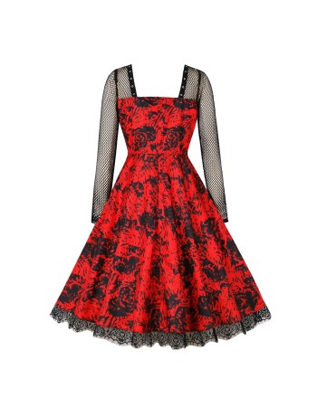 Gothic Mesh Long Sleeves Lace Retro Black Rose Drawing Halloween Dress M5150