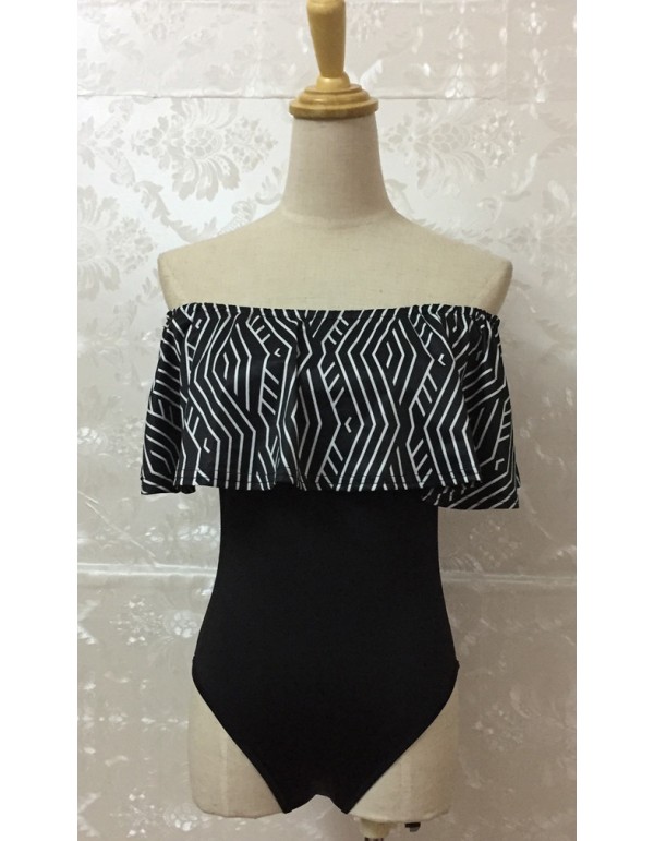 Women's Geometric Off-Shoulder Ruffle Print One-Piece Swimsuit m17023