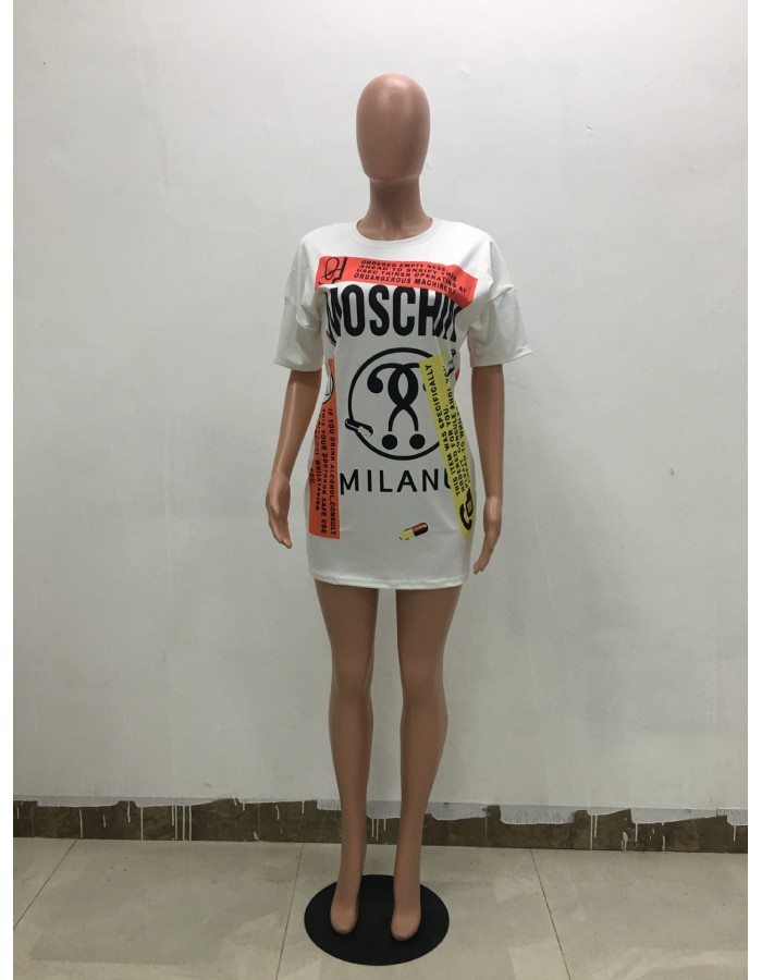 Women's Letters Print Loose Casual T-Shirt Dress M8368