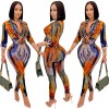 Digital Print Women  V-neck Long Sleeve Pants Casual Two Piece Set X5281