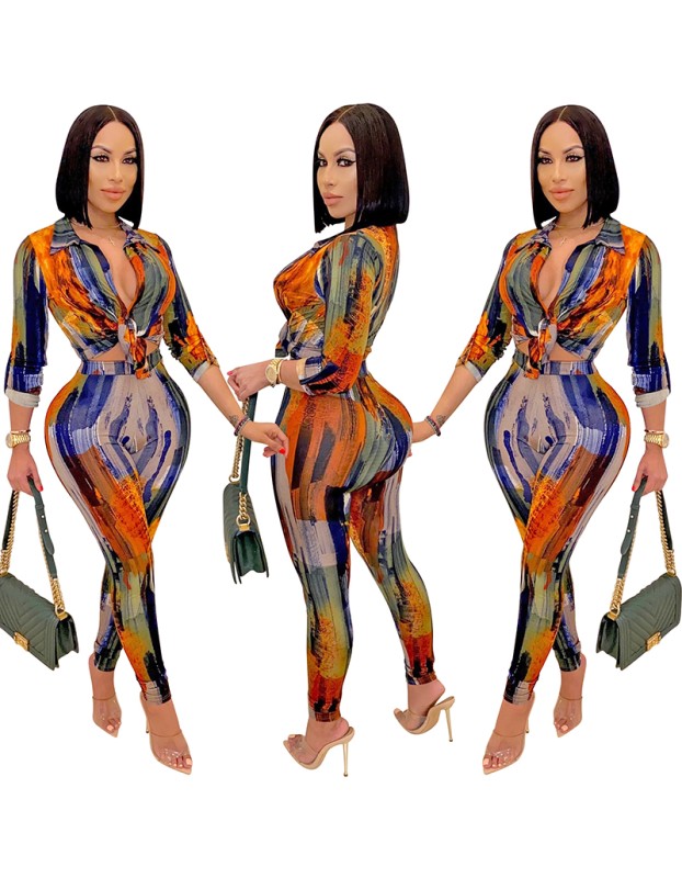 Digital Print Women  V-neck Long Sleeve Pants Casual Two Piece Set X5281