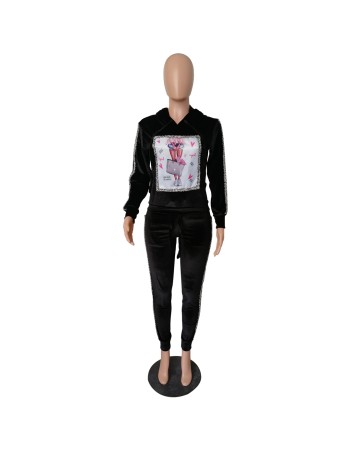 Women Autumn Long Sleeve Thick Velvet Hooded Two Piece Set M8482