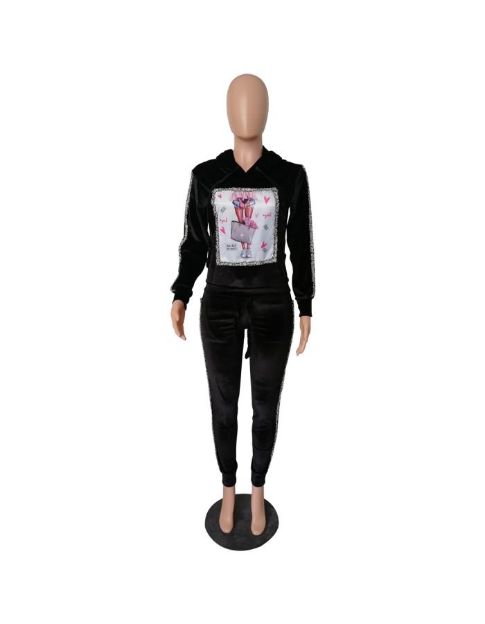 Women Autumn Long Sleeve Thick Velvet Hooded Two Piece Set M8482