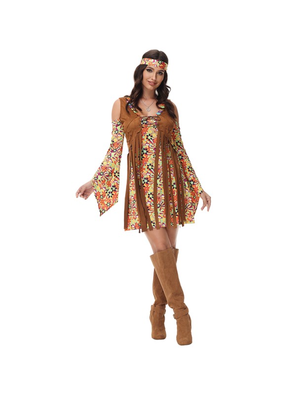 Vintage Women's Fringe Brown Cosplay Costume Full Hippie Disco Suits Costume MS1766