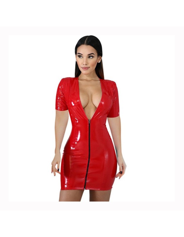 Zipper PU Package Hip Skirt Short Sleeves Leather Corset  V Neck Sexy Dress  51482