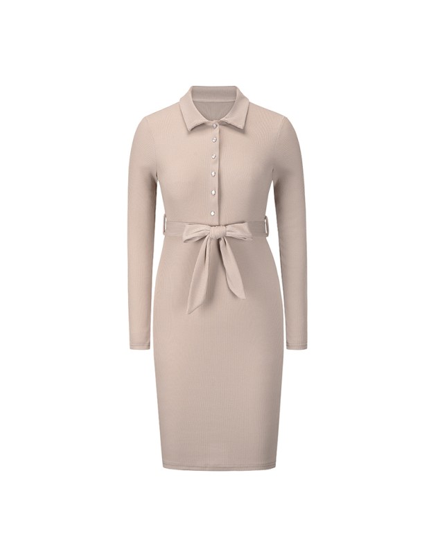 Solid Color Hedging Midi Elegant Casual Ladies Single Breasted Dress LQ170