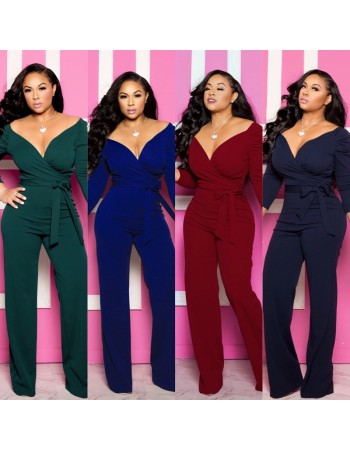 Womens Solid Sexy Deep V Neck Full Sleeve Jumpsuits Belt M9202