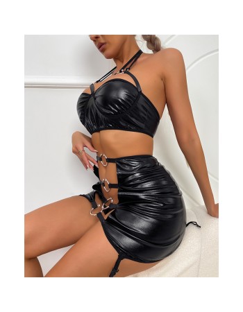 Sexy Bra Strap PU Patent Leather Dress Three-point Sexy Underwear Set YSF382