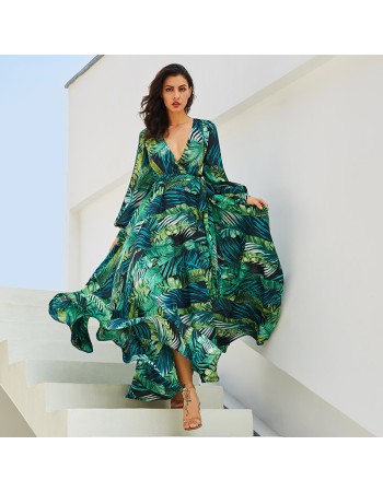 Summer long sleeve V-neck green leaf print maxi dress M8389