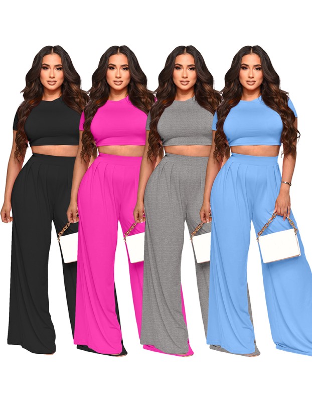 Fashion Crop Solid Color Wide Leg Pants Two Sets 9411