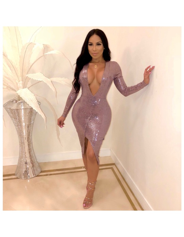 Deep V Neck Sexy Sequin Dress m8315