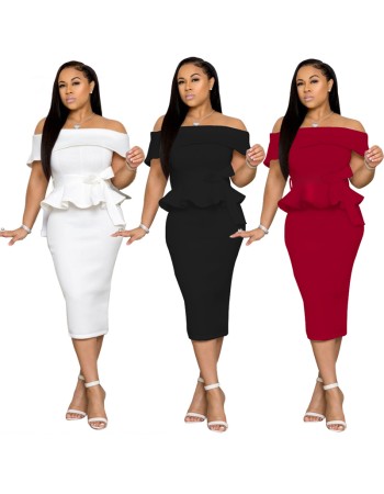 Sexy off shoulder ruffle women office dress M8402