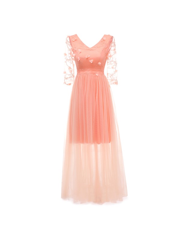 Net Yarn Flowers Wedding Bridal Long V-Neck Club Sexy Thin Dress CD1672