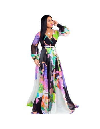 Summer Women Floral Print Casual Chiffon Maxi Dress M8266