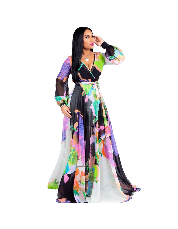 Summer Women Floral Print Casual Chiffon Maxi Dress M8266
