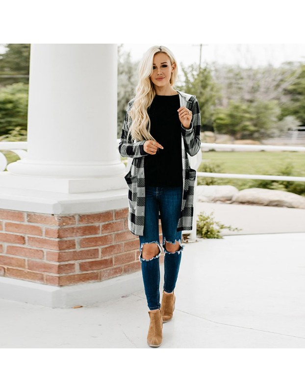 Shirt With Long Sleeve Single Breasted Plaid Flannel Women Midi Coats LQ172
