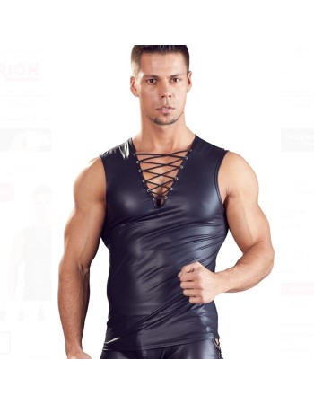 Men Faux Leather Sexy Sleeveless Stretch Slim Tops N801