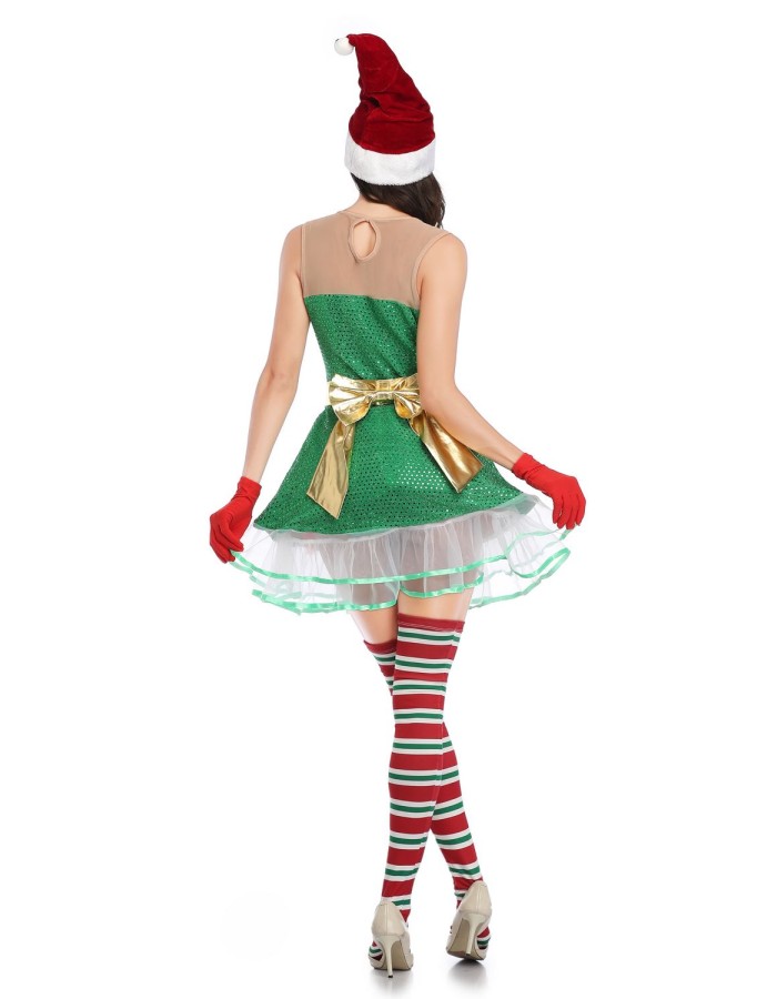 Sexy Off Shoulder Santa Claus Green Sequin Elf Xmas Costume M21945
