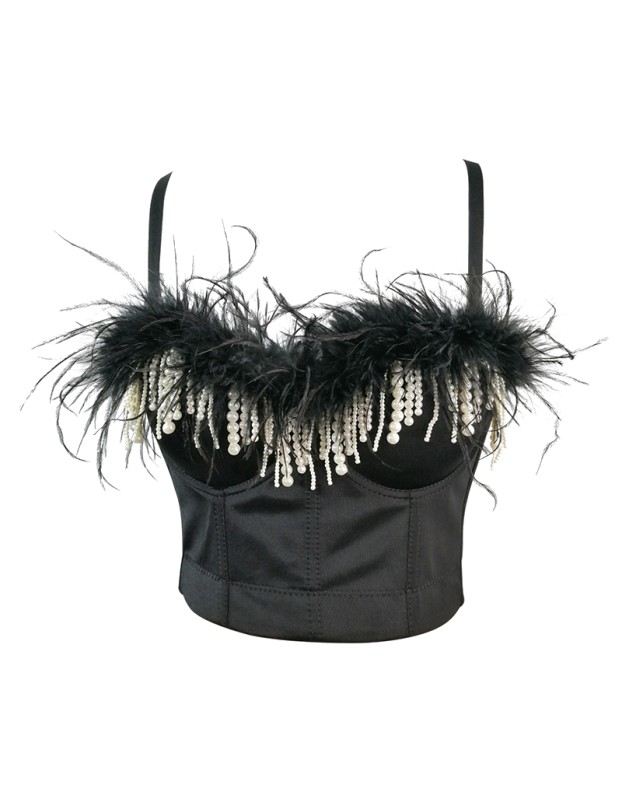 Feather Short Crop Sexy Nailed Beaded Tassel Breast Shaper Stage Top KN8130
