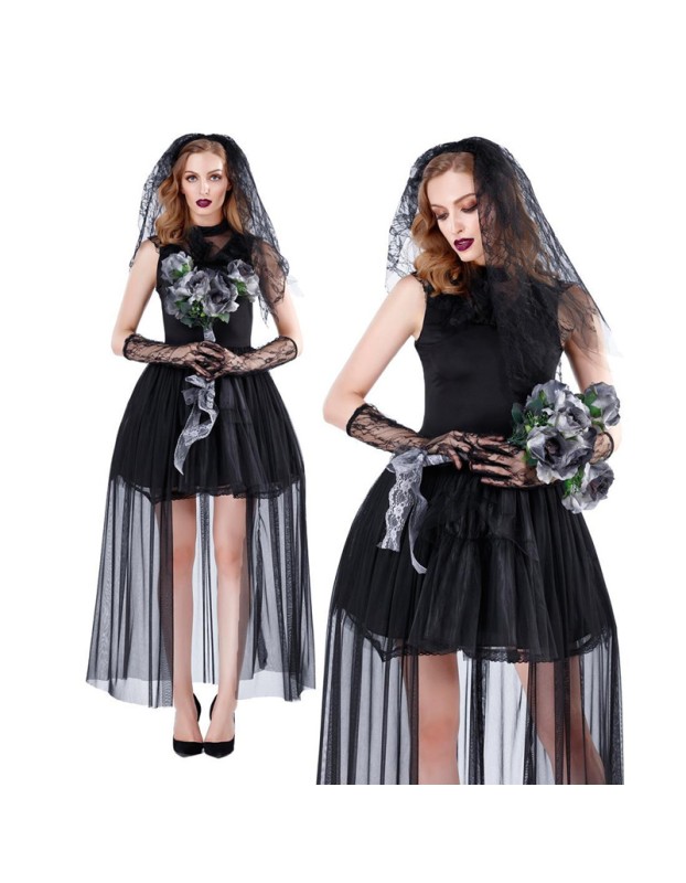 Black Lace Corpse Ghost Bride Fancy Outfit m40686