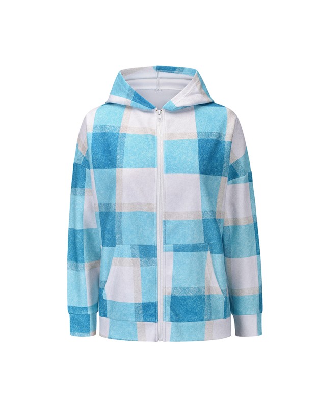 Checked Woolen Cloth Flannel Shirt Zipper Hooded Cardigan Women Coats LQ168