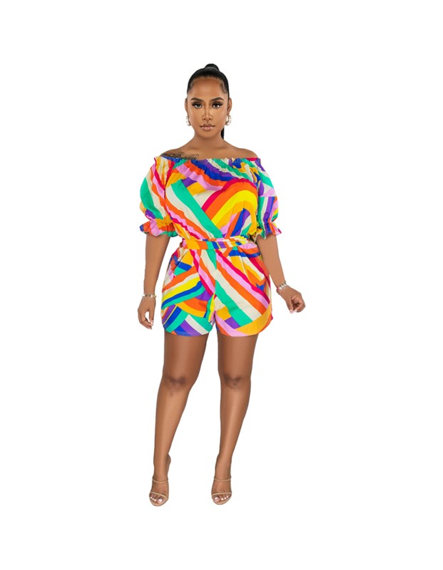 High Quality Women's Colorful Printed One Shoulder Loose Jumpsuit 9415