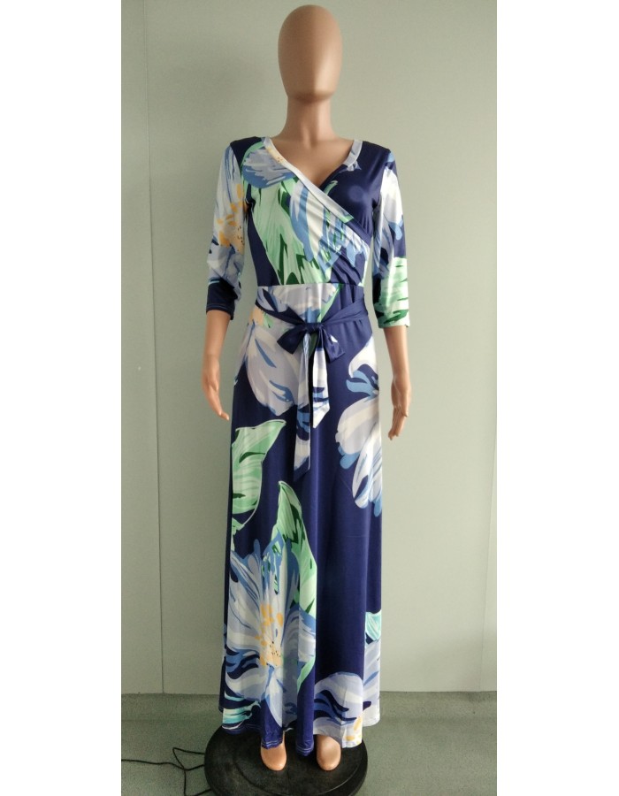 Sexy V-neck beautifully printed plus size and floor dress fashion women's clothing M8573