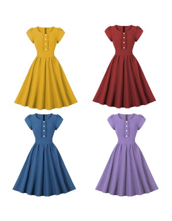 Vintage Women Bubble Short Sleeve Button Design Big Swing Mid Length Dress 5043