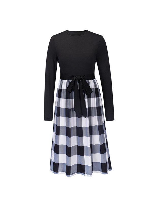 Leopard Print Plaid Long Stitching Body Lace Up Ladies Evening Jersey Dress LQ169