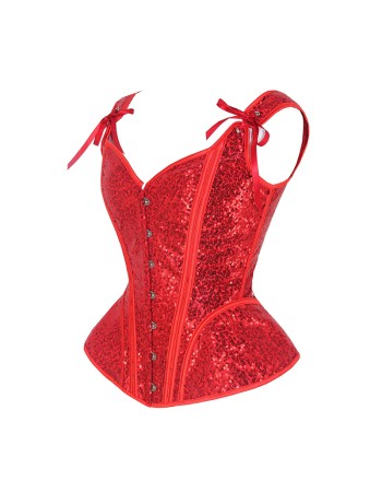 Women Red Sexy Sequin Overbust Corset Tops with Shoulder Straps WK2382