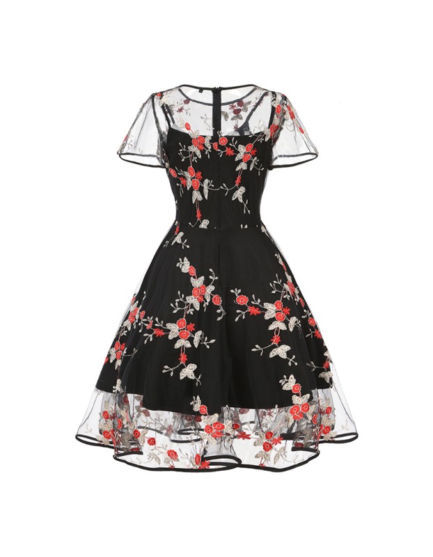 Mesh Patchwork Flying Sleeve Style Swing Mid Length Vintage Dress 5061
