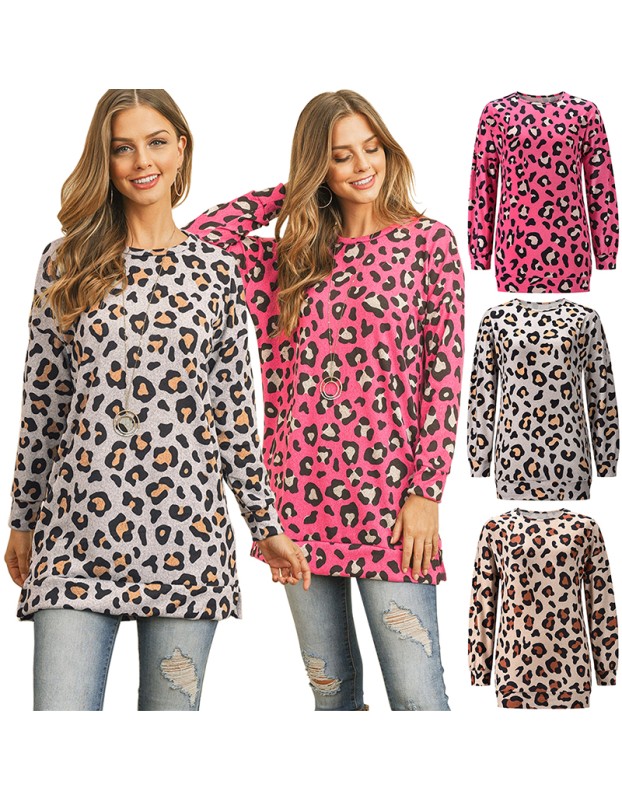 Round Neck T-Shirt Slim Long Casual Leopard Print Bottoming LQ082