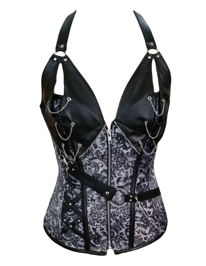 white and black Zipper Front leather cup top corset Halter design chain 14 steel boned corset