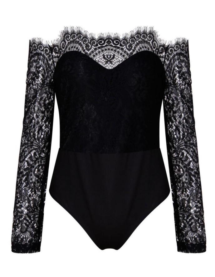 Sexy Off Shoulder Mesh Lace Skinny Bodysuit Top M2147