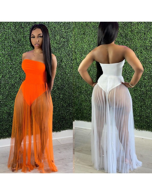 see-through with wrapped chest multicolor strapless summer net dress M30167
