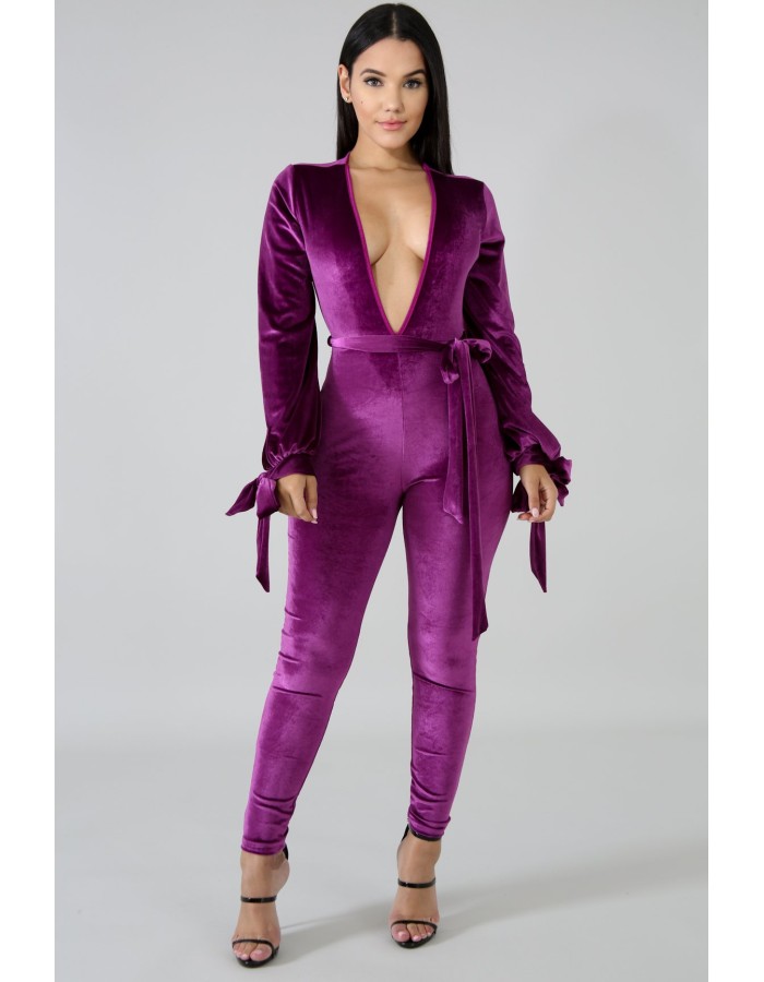 Sexy Jumpsuit Bandage V-neck long-sleeve Velvet sexy backless jumpsuit M8290