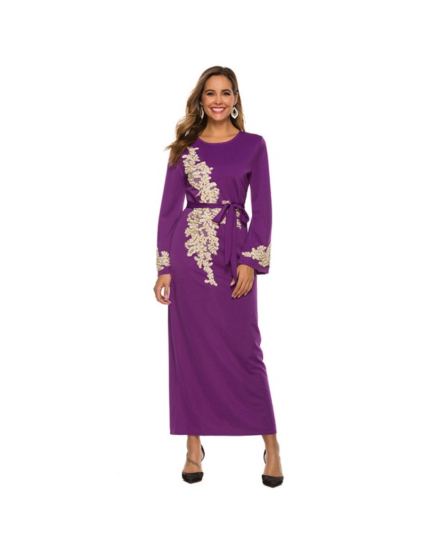 New Style Elegant Embroidered Beaded Trumpet Sleeve Lace Up Dress 1921
