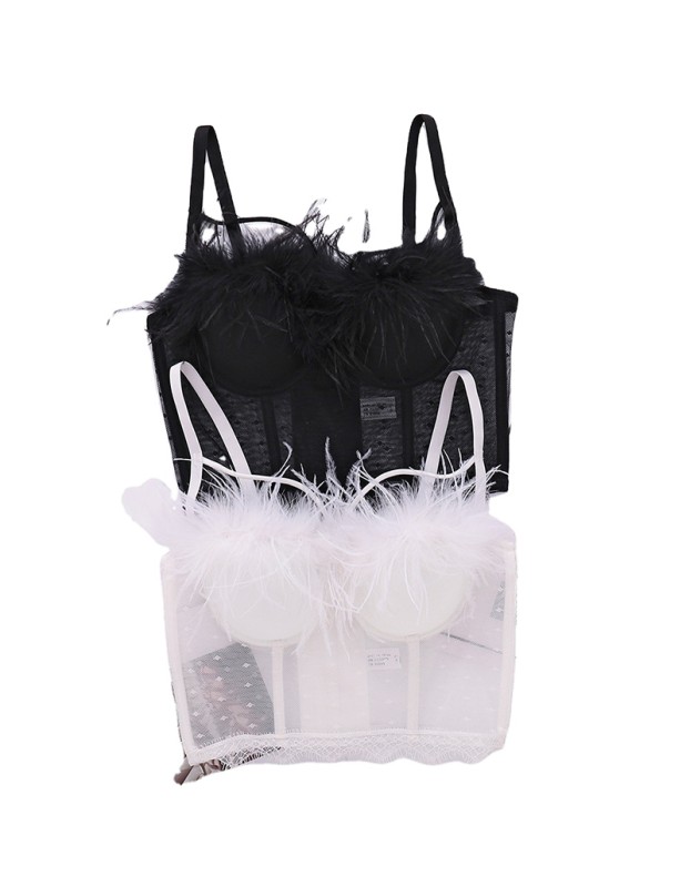 Fashion Lace Mesh Suspender Hollowed Out Vest Sexy Feather Wipe Chest KN8058