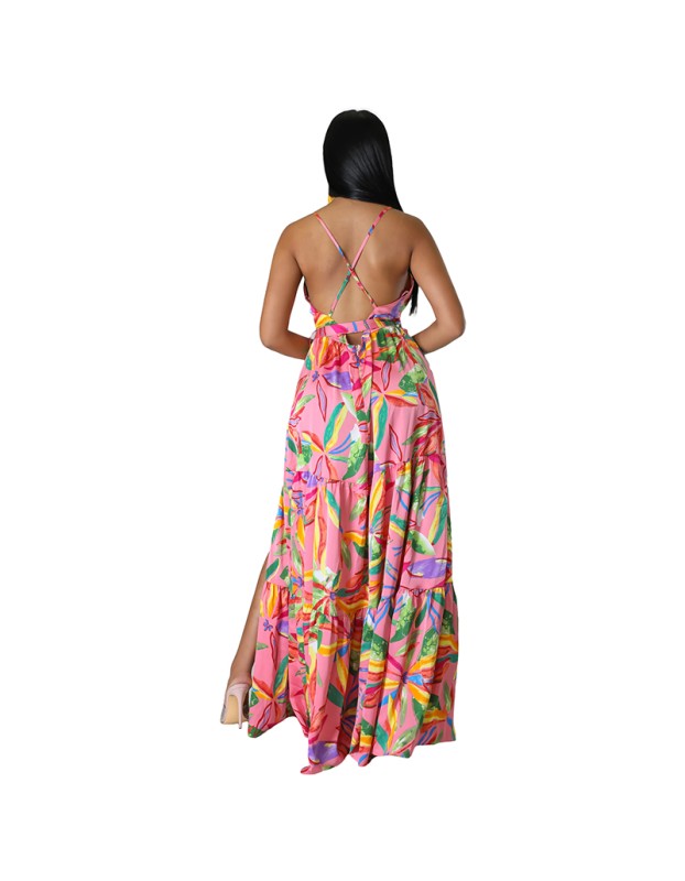European And American Fashion Women's Print Halter Long Dress 9400