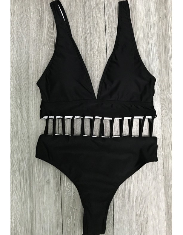Deep V Neck Sexy Black White Women Hollow Out One Pieces Swimsuit XM1001