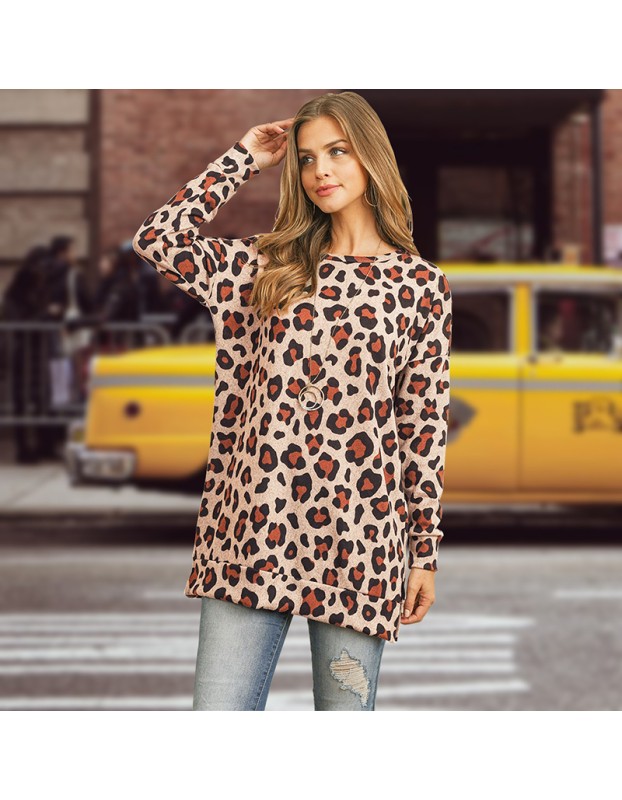 Round Neck T-Shirt Slim Long Casual Leopard Print Bottoming LQ082