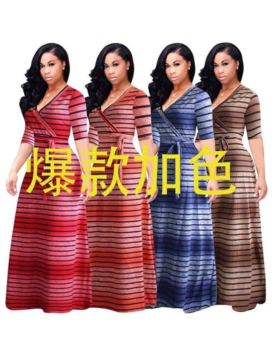 Summer Stripe Printed Swing Maxi Dress Plus Size M8433