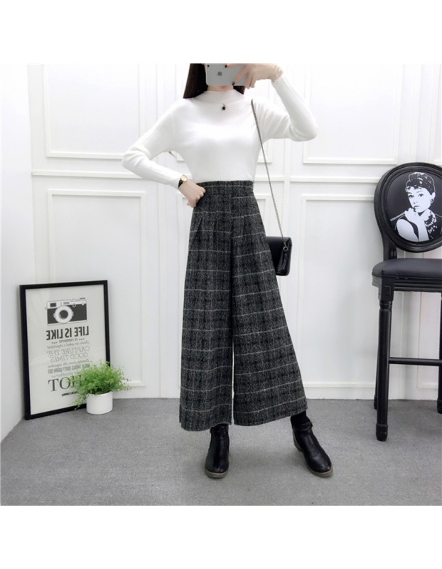 Autumn Winter Woolen Plaid Wide Leg Pants FG154