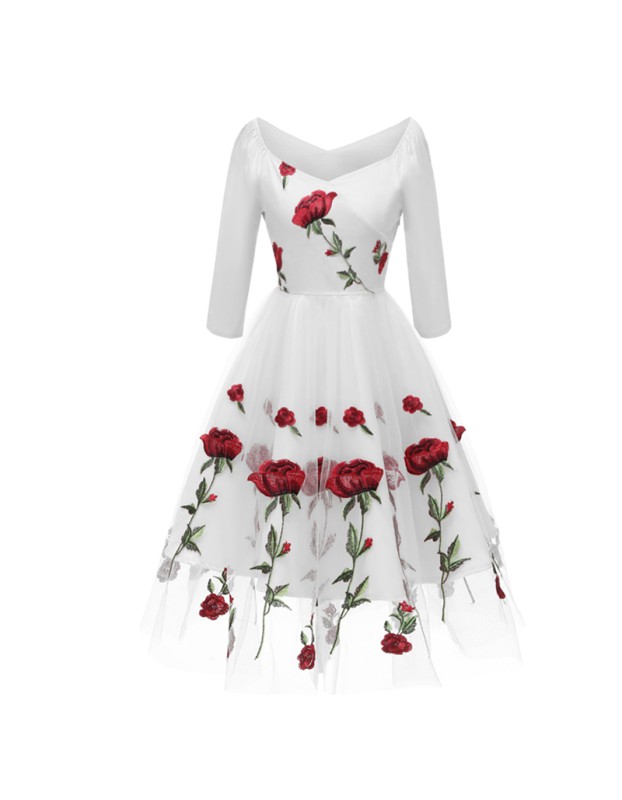 Rose Embroidery Dinner Party Lady Evening Net Yarn Dress Wedding Sexy CD1657