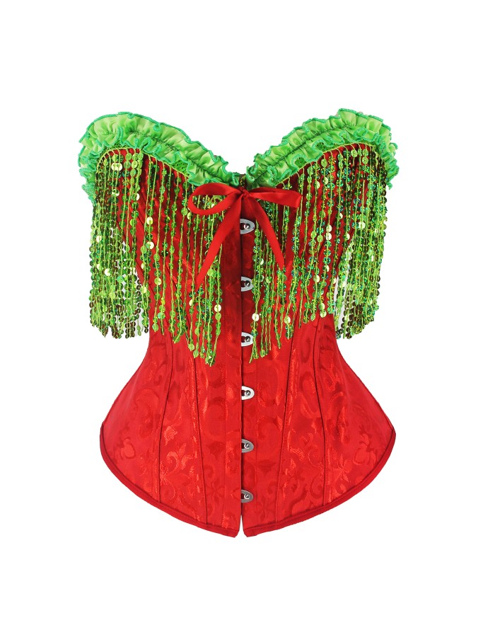 Women Christmas Corset Bustier Top with Sequin Tassels Gothic Party Night Korsett Christmas Costumes