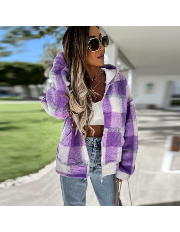 Checked Woolen Cloth Flannel Shirt Zipper Hooded Cardigan Women Coats LQ168