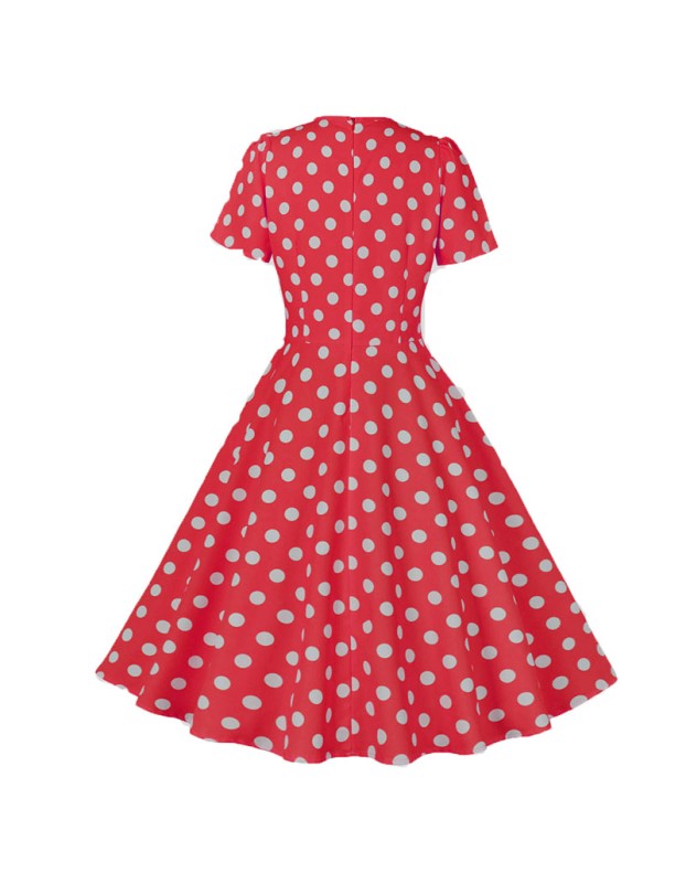 Hepburn Style Round Neck Bow Lace Up Polka Dot Retro Swing Dress Woman 5157