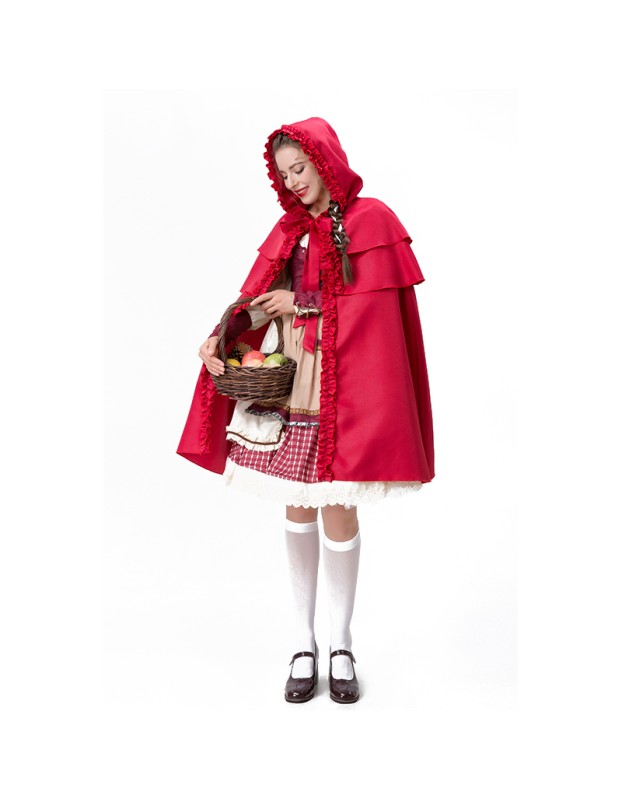 Halloween Maid  Adult Red Plaid Dress Cosplay Red Cape Play Costume YM8735